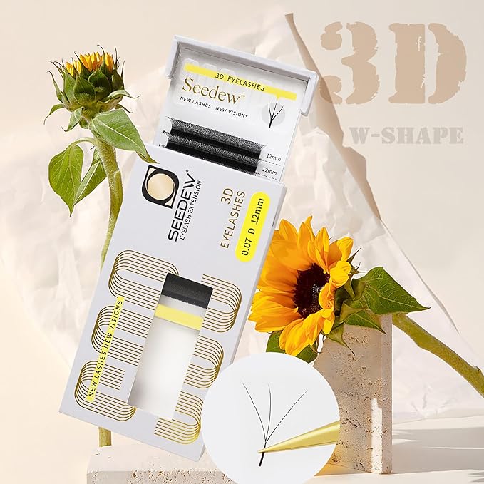 SEEDEW 3D Lash Extensions, 0.07mm C Curl MIX8-15mm 12 Rows/Tray, W Shape Flat Stem, Korean PBT Natural Eyelash Grafting for Beginner Artist, Lash Tech, Beauty Salon(3D-Matte Black-0.07-C-MIX8-15mm)