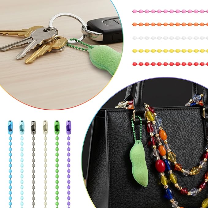 200 Pcs Ball Bead Chain, 3.94 Inch Colorful Ball Chain for Keychain Making Metal Dog Tag Chains with Connector Beaded Chains for Jewelry Making Key DIY Craft Hanging Christmas Ornaments