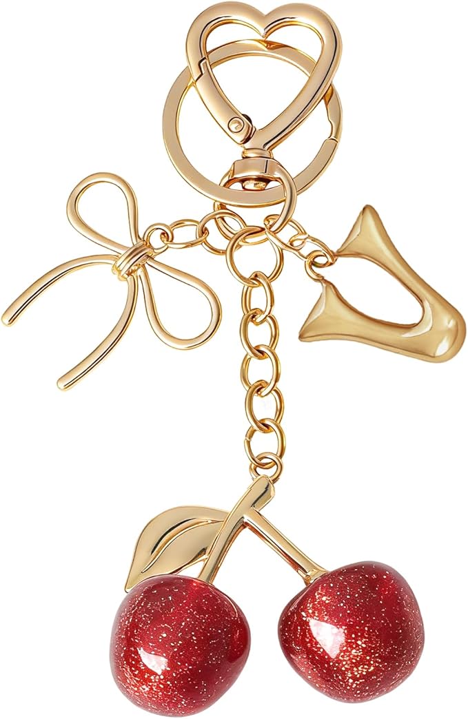 Snycler Bubble Initial Keychain with Cherry & Bow - Gold Letter Bag Charms for Women, Cute Purse Handbag Accessories