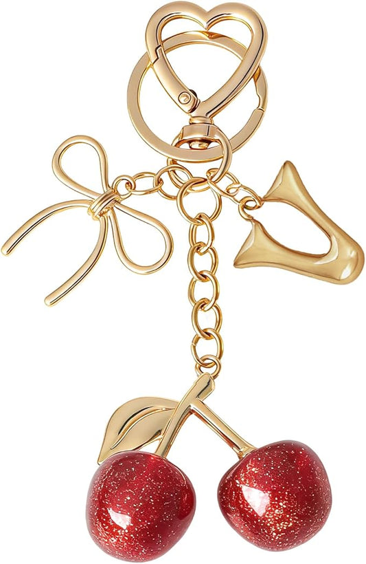 Snycler Bubble Initial Keychain with Cherry & Bow - Gold Letter Bag Charms for Women, Cute Purse Handbag Accessories