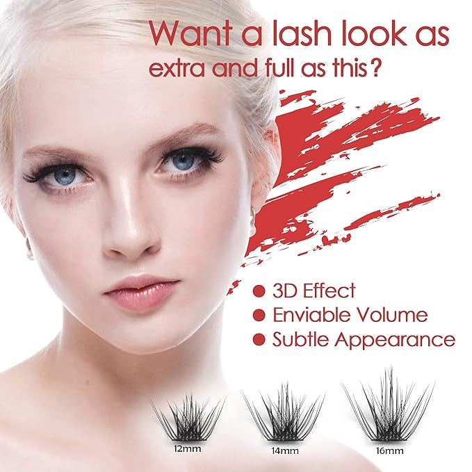 DIY Eyelash Extension, 3D Effect Individual Melt Flare Lash Cluster Natural Lashes Set, Home Eyelash Extension, D curl Lashes Pack 12mm,14mm (14MM-Sparkle)