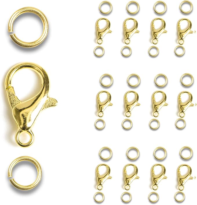 AD Beads 50 Pieces Lobster Claws Clasps Plus 100 Pieces 7mm Match Color Open Jump Rings Suitable for Necklace Bracelets Jewelry (8x15mm, Gold)