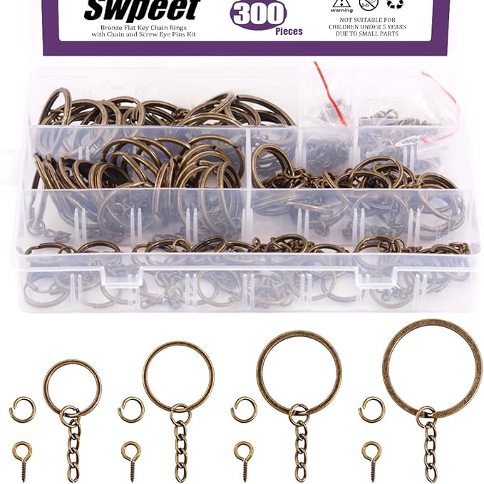 Swpeet 300Pcs Bronze Flat Key Chain Rings Kit, 100Pcs Keychain Rings with Chain and 100Pcs Jump Ring with 100Pcs Screw Eye Pins Bulk for Jewelry Findings Making - 4/5 Inch, 1 Inch, 6/5 Inch, 7/5 Inch