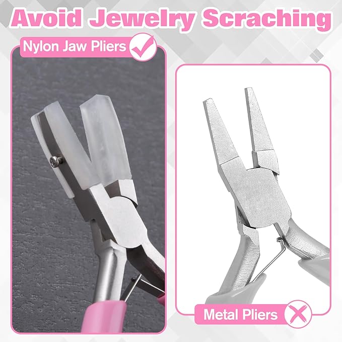 5-Inch Double Nylon Jaw Pliers with 3 Pairs of Replacement Tips and a Screwdriver, Flat Nylon Jaw Pliers for Jewelry Making, Spring Loaded Soft Nose Plier Wire Straightener Wire Wrapping Tool