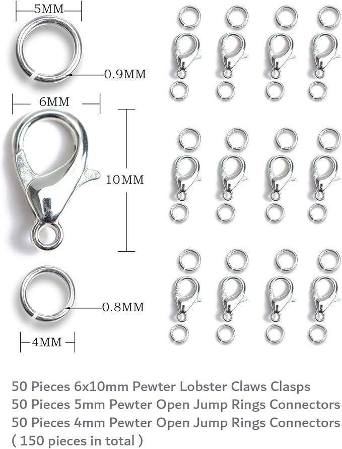 AD Beads 50 Pieces Lobster Claws Clasps Plus 100 Pieces 5mm Match Color Open Jump Rings Suitable for Necklace Bracelets Jewelry (6x10mm, Pewter)