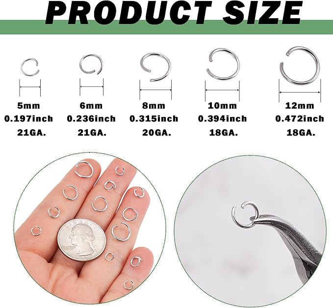1000Pcs 10mm Stainless Steel Open Jump Rings 18 Gauge Thick Metal O Rings Single Loop Connectors for Jewelry Necklaces Bracelet Earrings Keychains Chainmail DIY Making