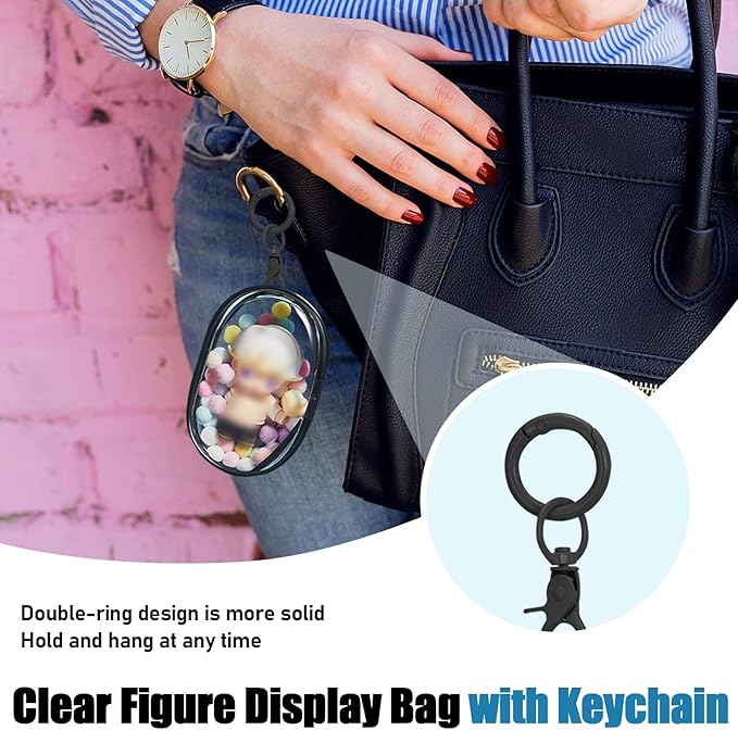 Huakaile 2 Pieces Clear Figure Display Bag with Keychain, Clear Pouch Keychain with Zipper & Fur Balls, Mini Doll Pouch Carrying Case for Blind Box Storage Collectibles (2 PCS, White, Black)