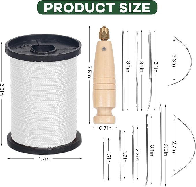 3-Spool Nylon Thread Kit - Each 80 Yards, Includes Sewing Awls & Needles for Hand Sewing, Upholstery & Leather Repair, White