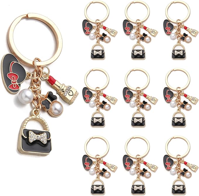 PHAETON 10PCS Keychains with Hat, Lipstick, Pearl, Bow, Handbag Pedant for Women Enthusiast Keychain Set Makeup Lovers Gift Cosmeticians Gift Make up Decoration Favor