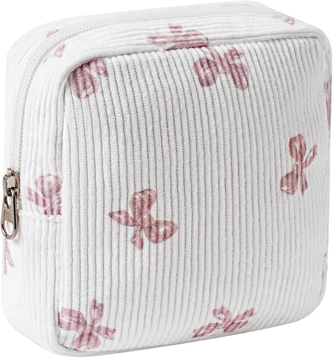 uekeboag Cute Small Corduroy Zipper Makeup Bag, Mini Coquette Aesthetic Pouch with Bow Pattern for for Purse,Key Pocket Lipstick Bag Card Holder Data Cable Organizer for Women Girls (08WhitePink Bow)