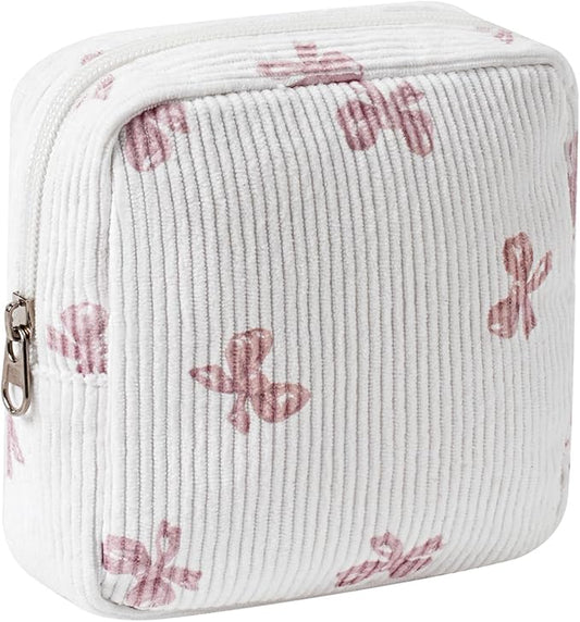 uekeboag Cute Small Corduroy Zipper Makeup Bag, Mini Coquette Aesthetic Pouch with Bow Pattern for for Purse,Key Pocket Lipstick Bag Card Holder Data Cable Organizer for Women Girls (08WhitePink Bow)