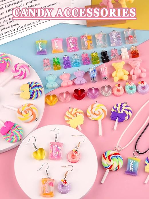 Kalolary 90PCS Candy Pendant Charms Colorful Polymer Clay Sweet Lollipop Charms Bear Charm Cute Ice Cream Pendant Ornaments for Women Girls Necklace Bracelet DIY Jewelry Craft