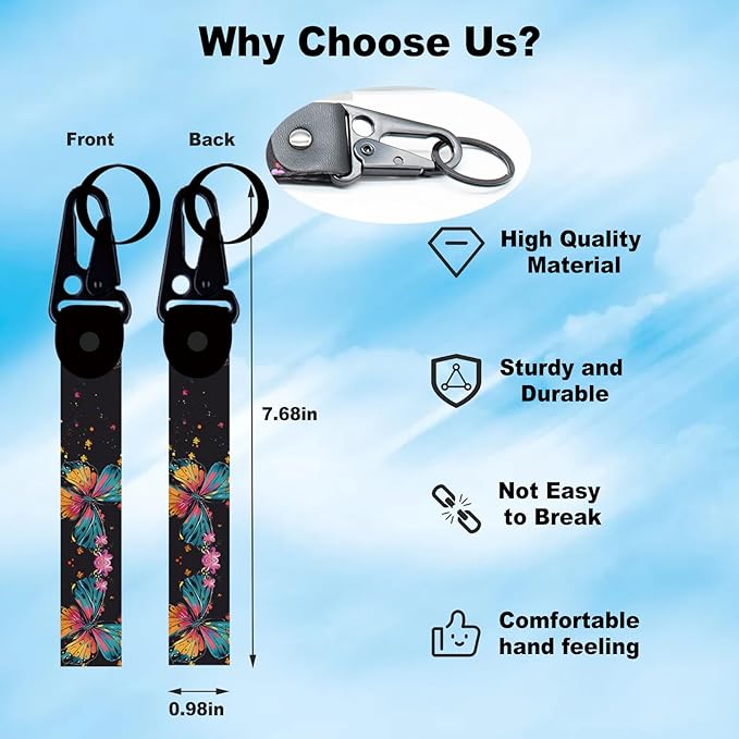 2 Pcs Classic Black & Floral Keychain Wristlet Lanyard for Women couples, Flower Wristlet Strap for Keys Hands-Free Wearable