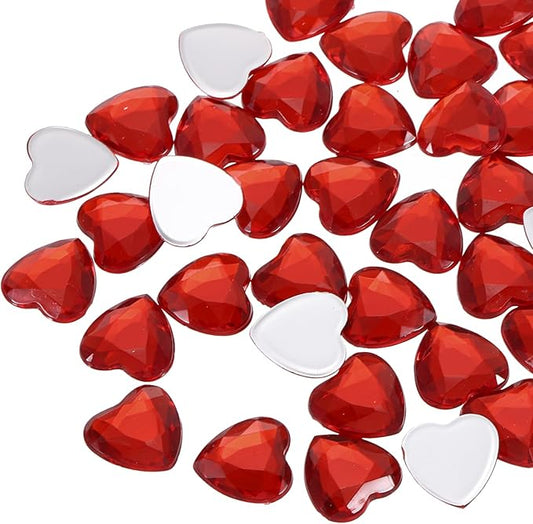 MECCANIXITY 40 Pcs Acrylic Heart Rhinestone 12mm Flat Back Plastic Gems Jewelry Stickers for Craft Bead Face Painting Costume Jewelry Making, Deep Red