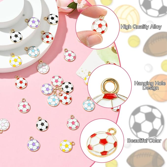 Stiesy 35 Pcs 7 Colors Enamel Football Charms Sport Ball Enamel Pendant Charms for Jewelry Making Crafting DIY Necklace Bracelets Decoration