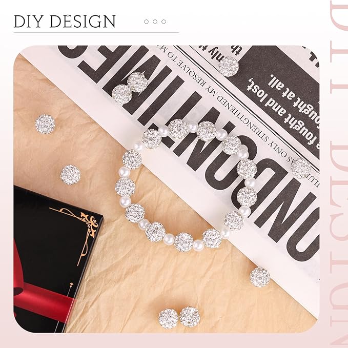 200 Pcs White Rhinestone Beads for Jewelry Making, Sparkle Crystal Clay Christmas for Bracelet Baseball Necklace Earring Crafting and DIY, Shiny Round Shamballa Disco Ball Beads Bulk