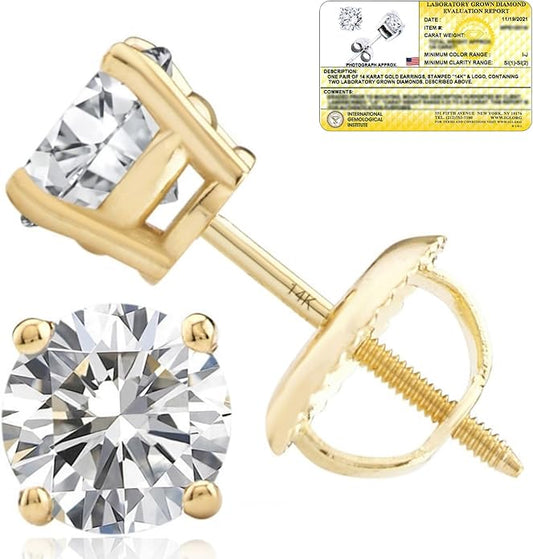 1/4-2 Carat IGI Certified Lab Grown Diamond Stud Earrings | Solitaire Real Diamonds Earring for Women in I-J Color & SI1-SI2 Clarity | 14K Gold Diamond Studs with Secure Backs by MAX + STONE