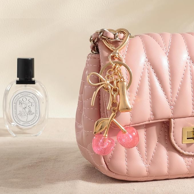 Snycler Bubble Initial Keychain with Cherry & Bow - Gold Letter Bag Charms for Women, Cute Purse Handbag Accessories