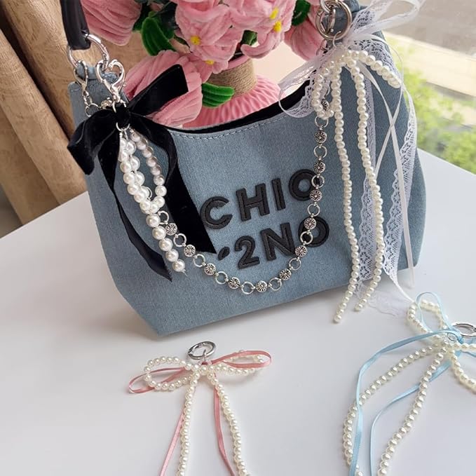 Pearl Bow Keychain Cute Y2k Lace Bowknot Keychain Coquette Aesthetic Accessories Bag Purse Handbag Backpack Charm