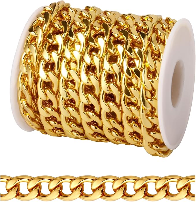[16.5 FT] 18K Gold Plated Curb Chain for Jewelry Making, 9.8mm Wide 304 Stainless Steel Cuban Link Chain Roll Bulk for DIY Jewelry Making Craft