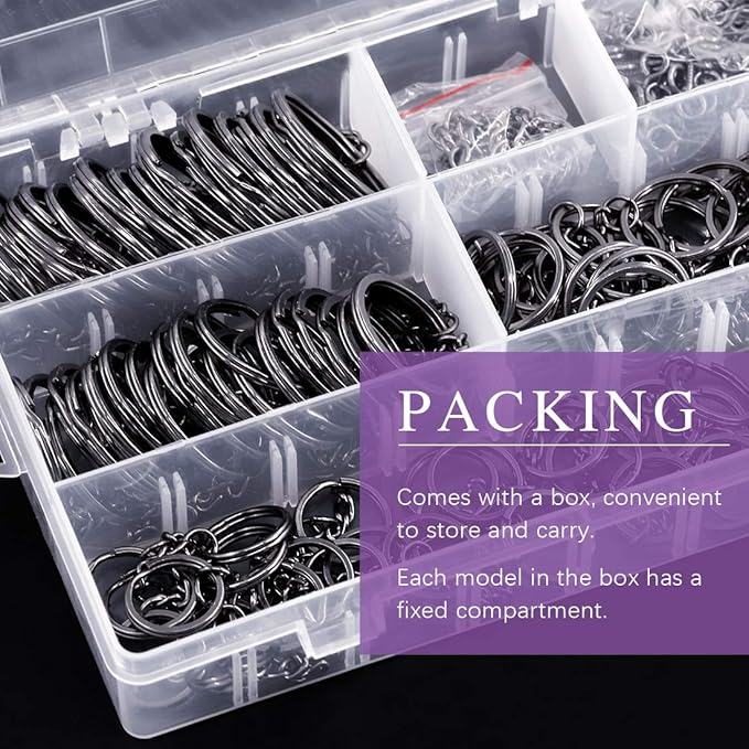 Swpeet 300Pcs Black Flat Key Chain Rings Kit, 100Pcs Keychain Rings with Chain and 100Pcs Jump Ring with 100Pcs Screw Eye Pins Bulk for Jewelry Findings Making - 4/5 Inch, 1 Inch, 6/5 Inch, 7/5 Inch
