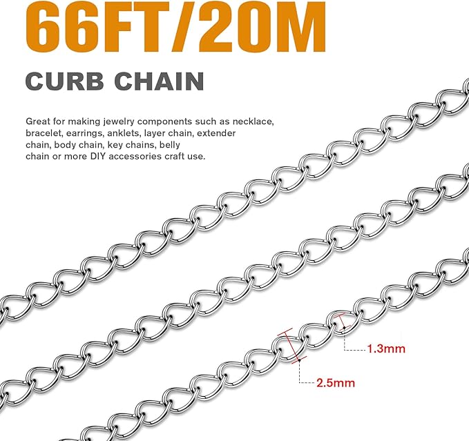 [66 Feet/ 20M] Stainless Steel Curb Chain Roll, 2.5mm 304 Stainless Steel Extension Chain Twisted Link Curb Chains Bulk for Jewelry Making Bracelet Necklace Extender