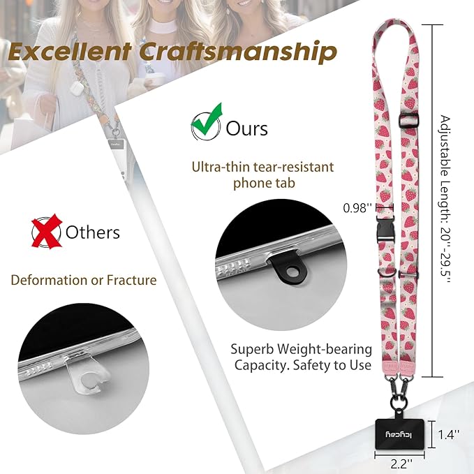 Phone Lanyard Crossbody, Cute Strawberry Cell Phone Strap for Around The Neck Adjustable, Anti Theft Lanyard for iPhone Case ID Holder Keys Accessories Travel Essential