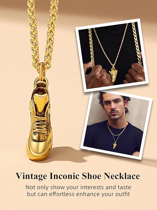 Bestyle Sneaker Shoe Necklace for Men, Chunky Vintage Black Gold Shoe Pendant Cool Cute Sport Jewelry for Brother Husband