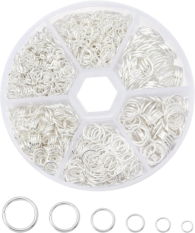 1600Pcs Open Jump Rings Silver Jump Rings Set Silver Plated Jump Rings for Jewelry Making Connectors(4mm 5mm 6mm 7mm 8mm 10mm)