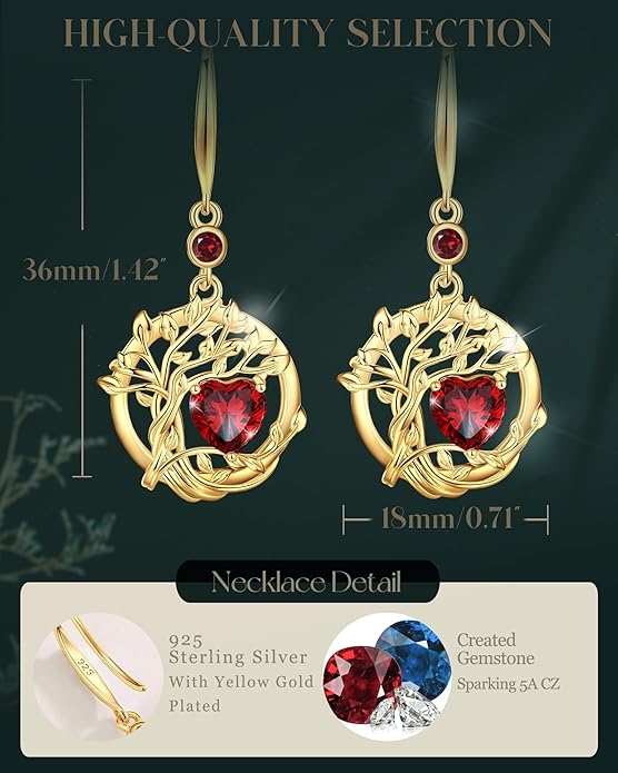 FANCIME Tree of Life Dangle Drop Earrings 925 Sterling Silver Dainty Round Gemstone Birthstone Earring Fine Jewelry Birthday Christmas Gifts for Her Women