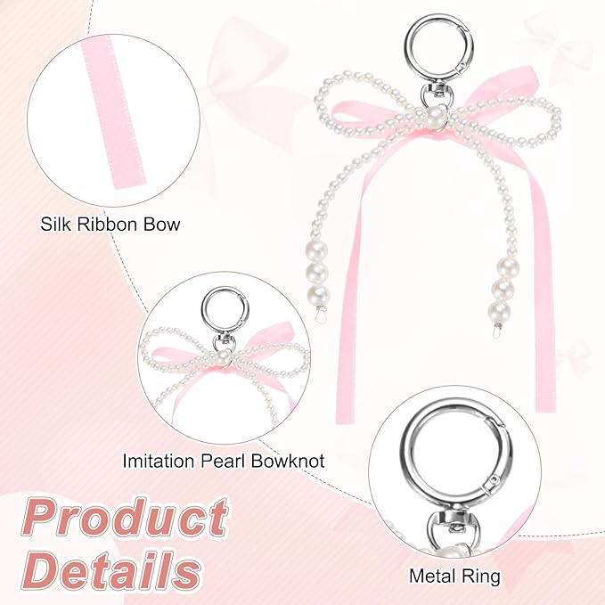 MECCANIXITY Pearl Bow Keychain, Y2k Aesthetic Imitation Pearl Bowknot Ribbon Keyring for Tote Bags Purse Handbag Charm