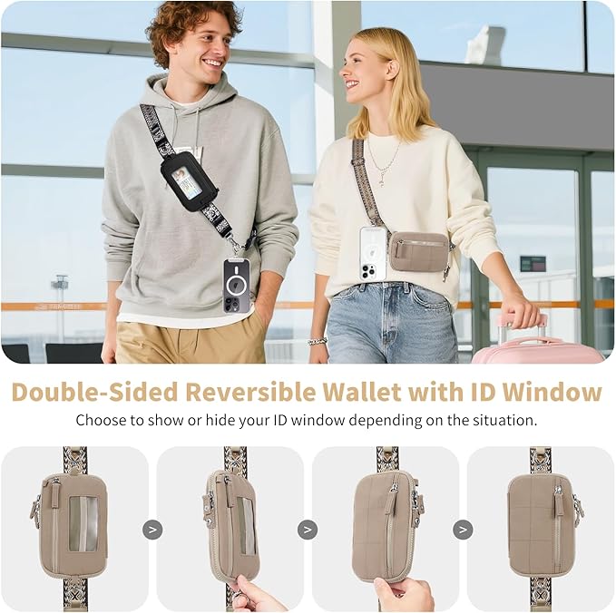 Clip and Go Strap for Phone with Wallet Crossbody Phone Lanyard with Anti-Theft Zipper Pouch Detachable Quilted Wrist Wallet with RFID and ID Window for Daily Travel. Khaki