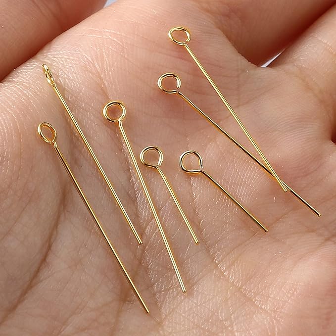 DoreenBeads 14K Gold Filled Eye Pins Open Eye Head Pins Findings 1.1inch for Earring Bracelet Necklace Jewelry Making Findings DIY Craft