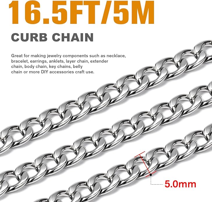 16.5 Ft Stainless Steel Curb Chains, 5mm 6mm 7mm 9mm Cuban Chain Roll Bulk for Jewelry Making