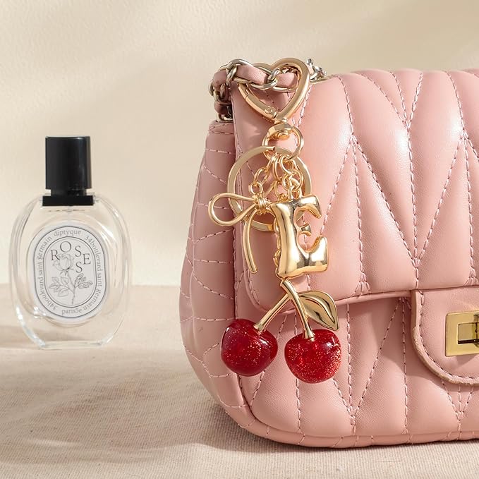 Snycler Bubble Initial Keychain with Cherry & Bow - Gold Letter Bag Charms for Women, Cute Purse Handbag Accessories