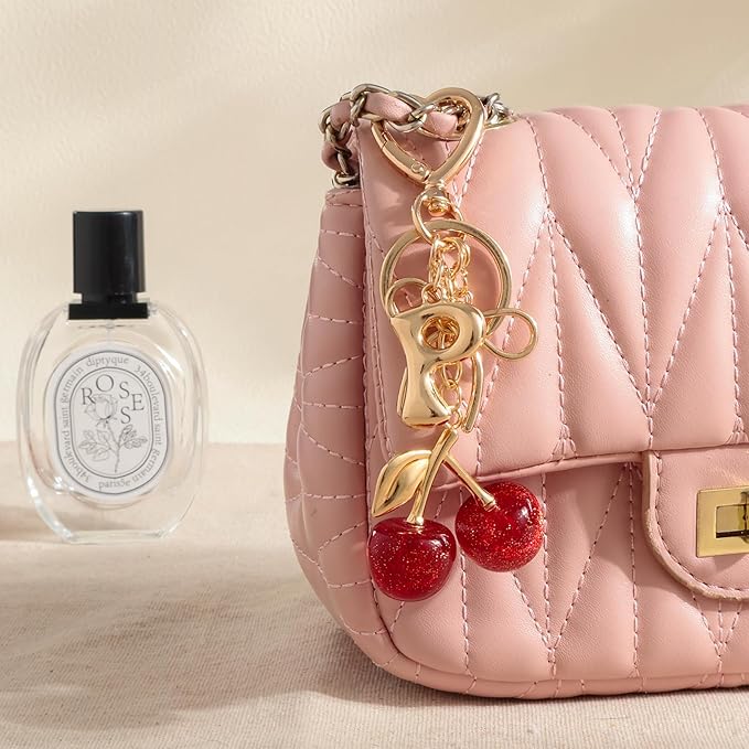 Snycler Bubble Initial Keychain with Cherry & Bow - Gold Letter Bag Charms for Women, Cute Purse Handbag Accessories