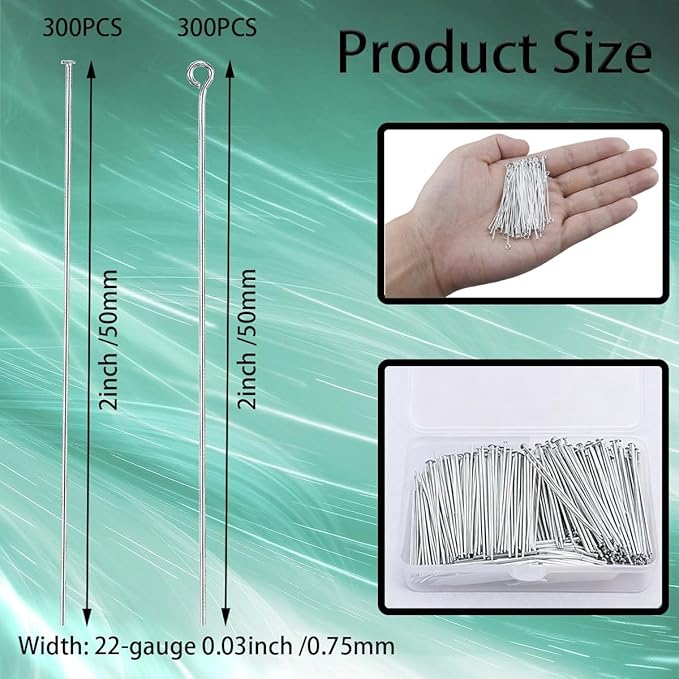 600Pcs 2 Inch Flat Head Pins Eye Pins Mix Jewelry Findings Metal End Headpins for Craft Earring Bracelet Necklace Pendant Supplies(Sliver)