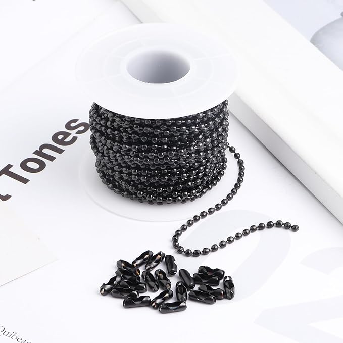 Topacket 33Feet Ball Bead Chain Black Stainless Steel Dog Tag Chain with Matching Connectors for Jewelry Making Necklace Hanging Bracelets Keychain(2.4mm)