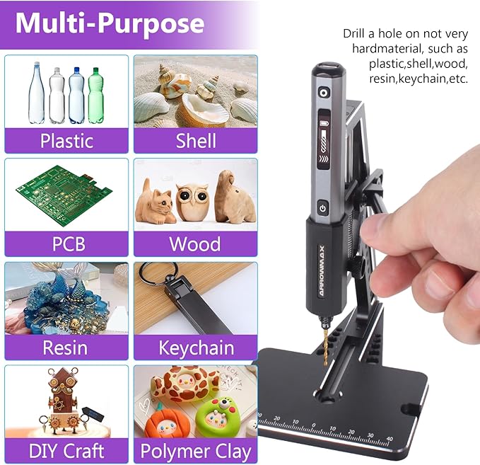 AM ARROWMAX 5-Speed Mini Electric Drill Pen with Benchtop Press, 10 Small Bits with Aluminium Box, LED Lights, OLED Display, Resin Drill Set For Jewelry Making, Plastic, Wood