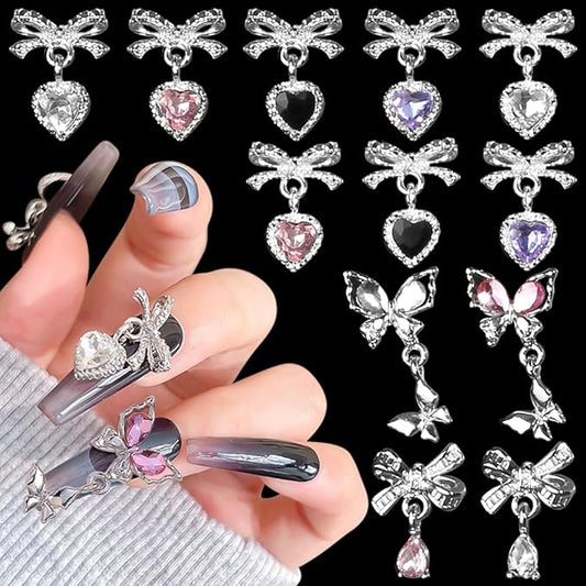 12Pcs Rhinestones Heart Pendant Bow Nail Charms Y2K Alloy Silver Buttefly Tassels Crystals Butterfly Charms for Nails Design Luxury Bows for Nails Charms 3D Butterflies Nail Charm Nail Art Supplies