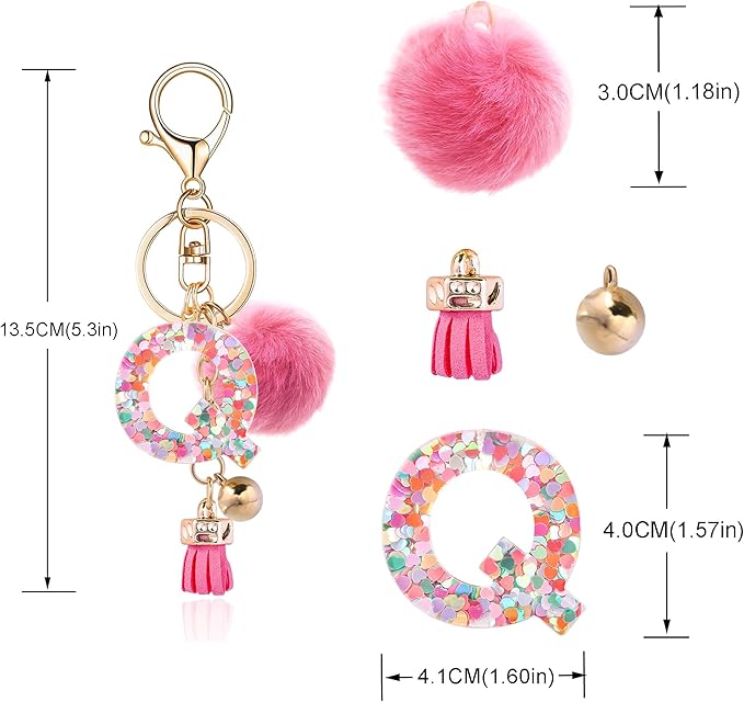 Resin Alphabet Initial Letter Keychain Keyring for Women Purse Handbags With Fur Ball Pom