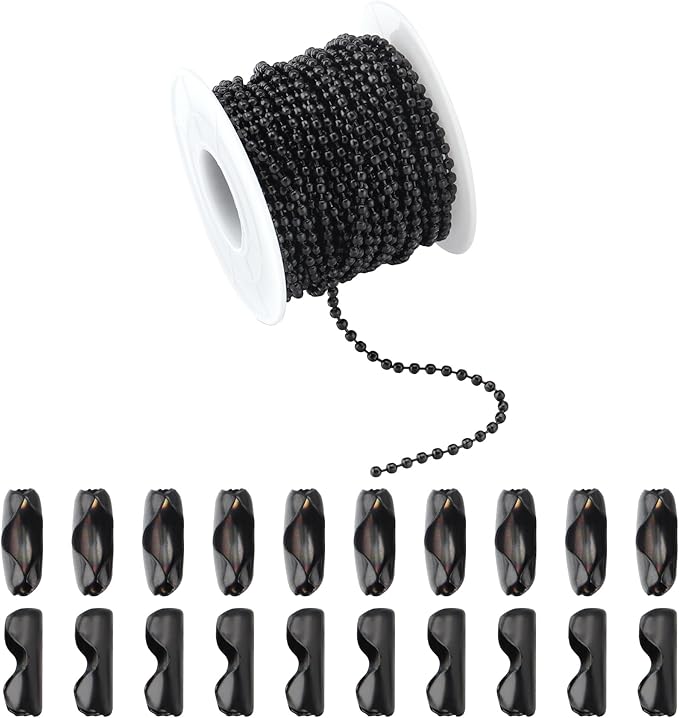 Topacket 33Feet Ball Bead Chain Black Stainless Steel Dog Tag Chain with Matching Connectors for Jewelry Making Necklace Hanging Bracelets Keychain(2.4mm)
