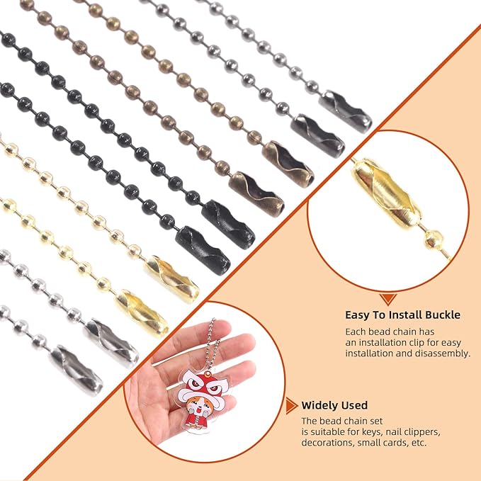 Tantisc 250Pcs 5 Colors Metal Ball Beads Chain Kit, 2.4 x 100mm/0.09” x 3.94” Ball Bead Chain with Connectors, Dog Tag Chain Necklace Ball Chain Keychains for DIY Crafts