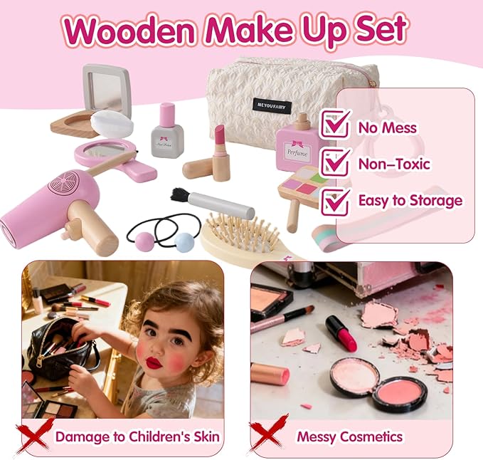 Wooden Makeup Toy Set for Toddler,Kids Pretend Play,Children Role Play Toys,Fake Cosmetics Salon Toys,Princess Dressup Accessories with Bag Birthday Gift for Girls 3 4 5 6