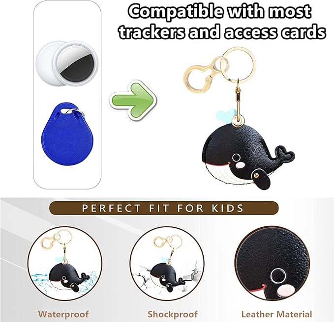 Leather Keychain Holder Case Compatible with AirTag,Cute Protective Cover with Keyring,Anti-Scratch Finder GPS Tracker Case for Wallet Keys,Bag,Pets(Whale Black)