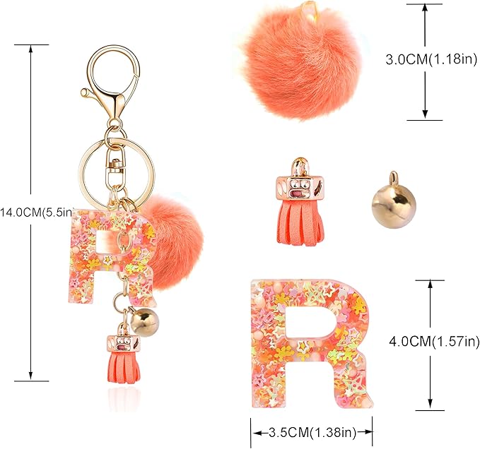 Resin Alphabet Initial Letter Keychain Keyring for Women Purse Handbags With Fur Ball Pom