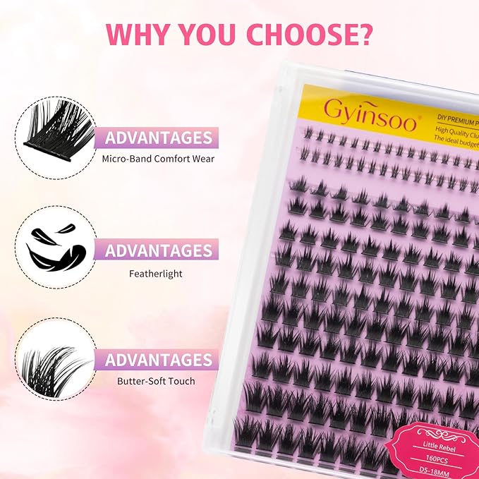 Gyinsoo 160Pcs DIY Lash Extension Kit D Curl 5-18mm Mix "Little Rebel" Style with Pink Bond and Seal, Remover & Tweezers - Short to Long Clusters for Inner Corner & Bottom Lashes