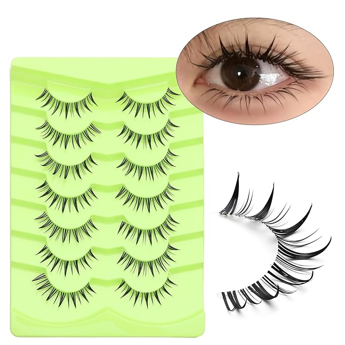 outopen 7 Pairs Manga Lashes Natural Look False Eyelashes Wispy Spiky Anime Lashes Korean Japanese Asian Style Cosplay Fake Eyelashes with Clear Band