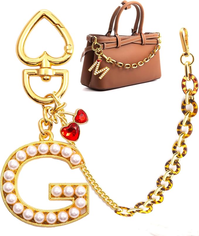 Pearl Initial Keychain with Leopard Bag Charms Wallet Chain Women Cute Alphabet Keychains Charm for Purse Handbag