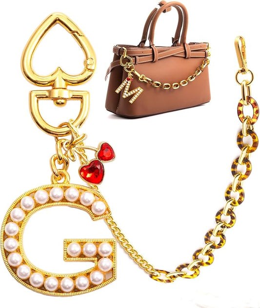 Pearl Initial Keychain with Leopard Bag Charms Wallet Chain Women Cute Alphabet Keychains Charm for Purse Handbag